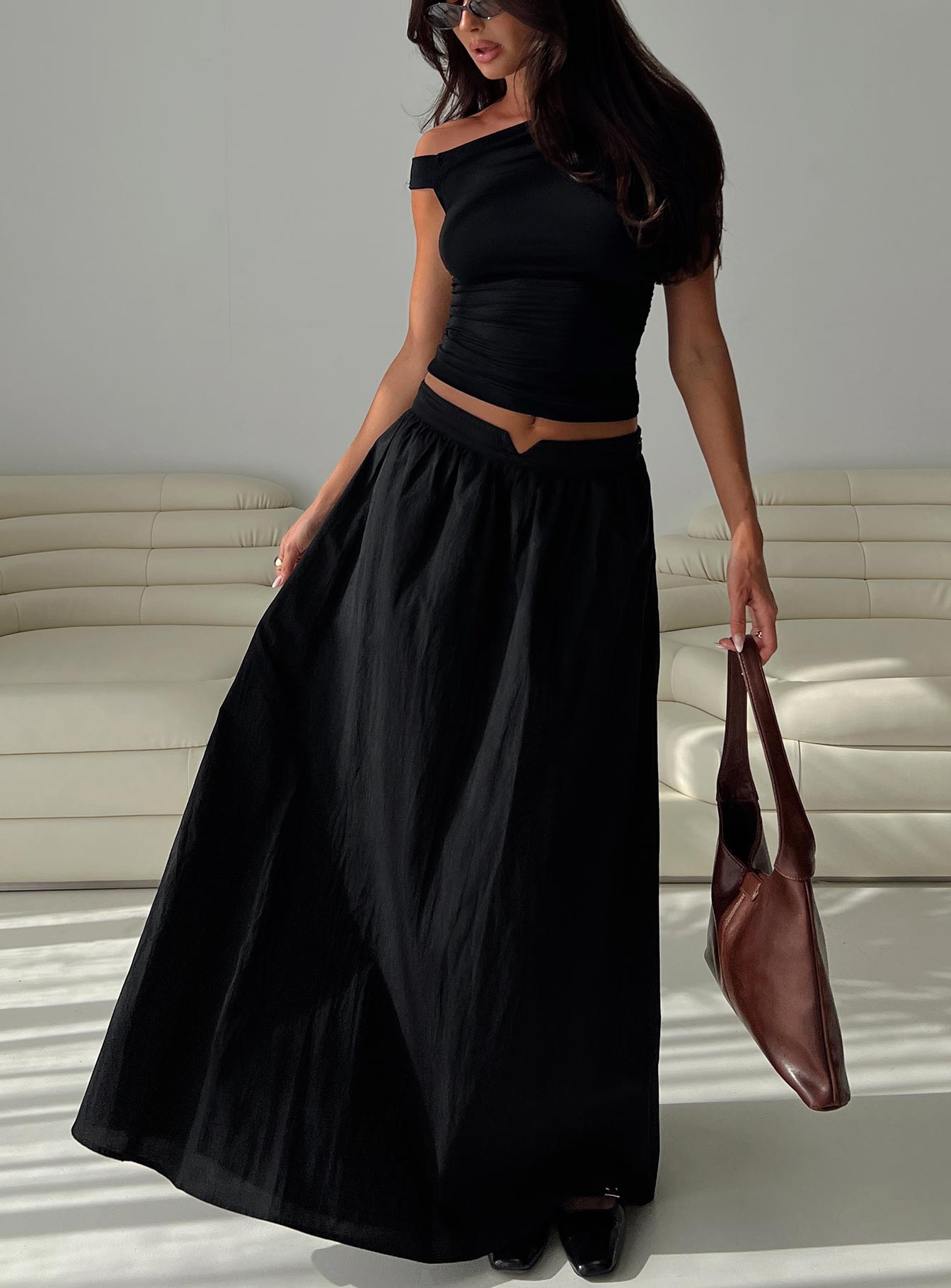 Valentina Gathered High-Waist Maxi Skirt - Onyx Black