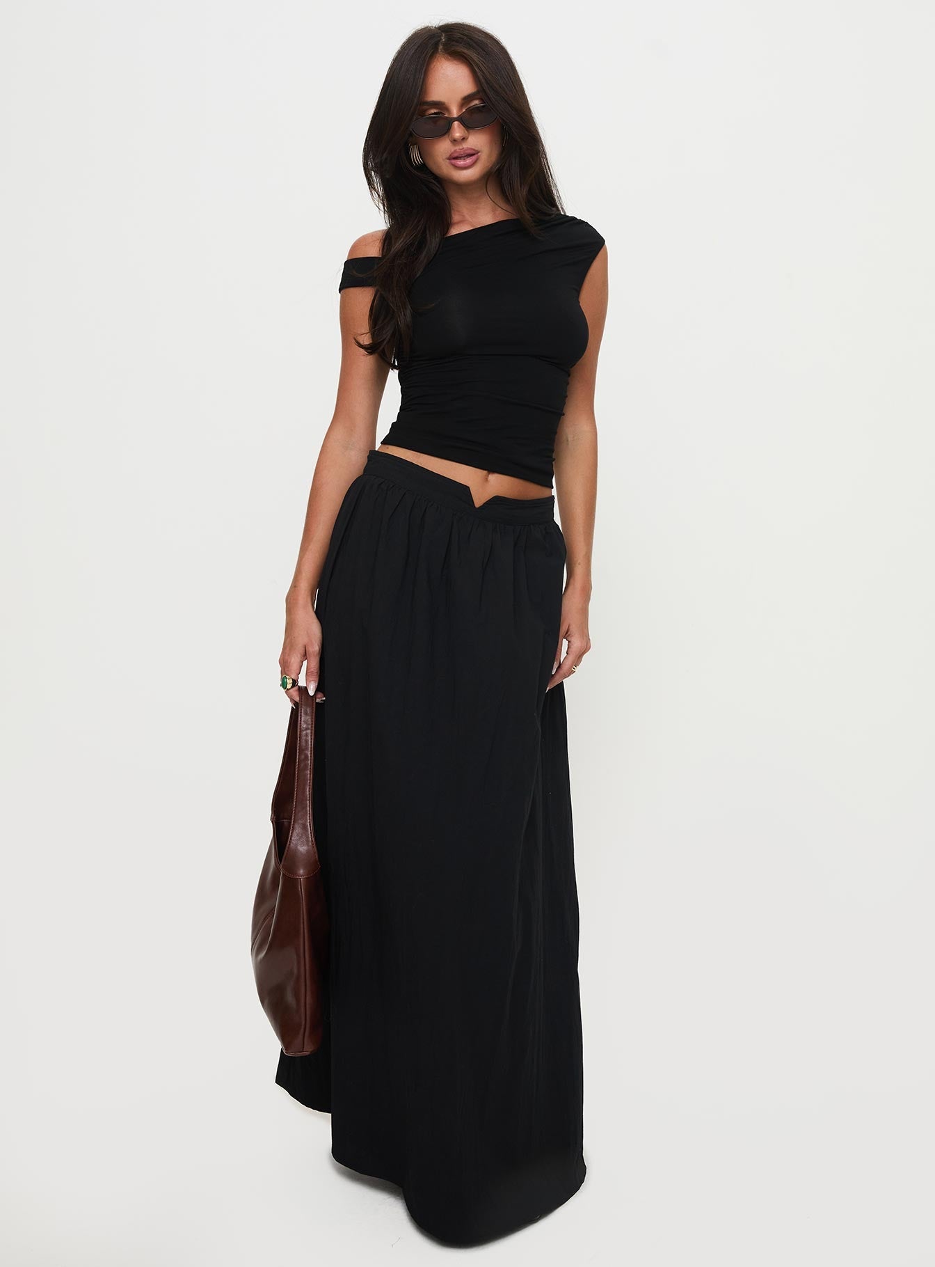 Valentina Gathered High-Waist Maxi Skirt - Onyx Black