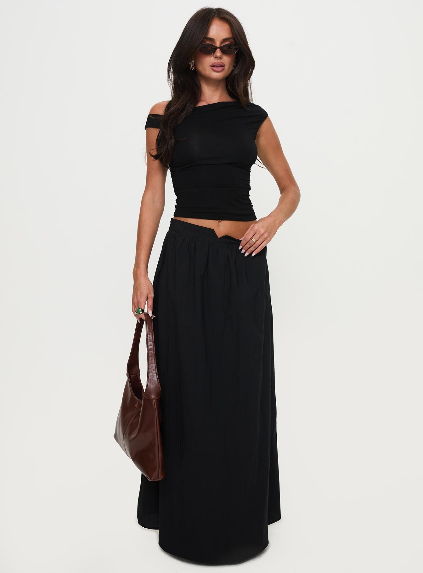 Valentina Gathered High-Waist Maxi Skirt - Onyx Black