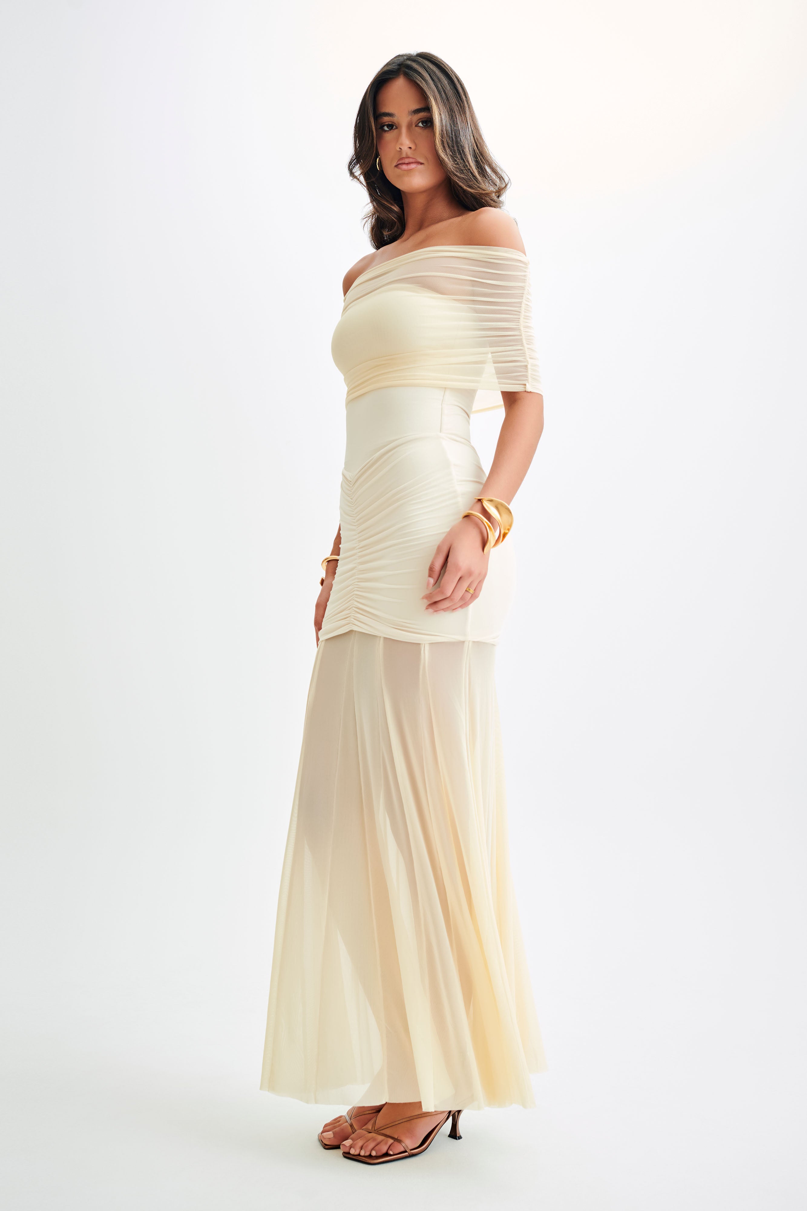 Caspian Slinky And Mesh Off Shoulder Maxi Dress - Ivory