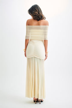 Caspian Slinky And Mesh Off Shoulder Maxi Dress - Ivory