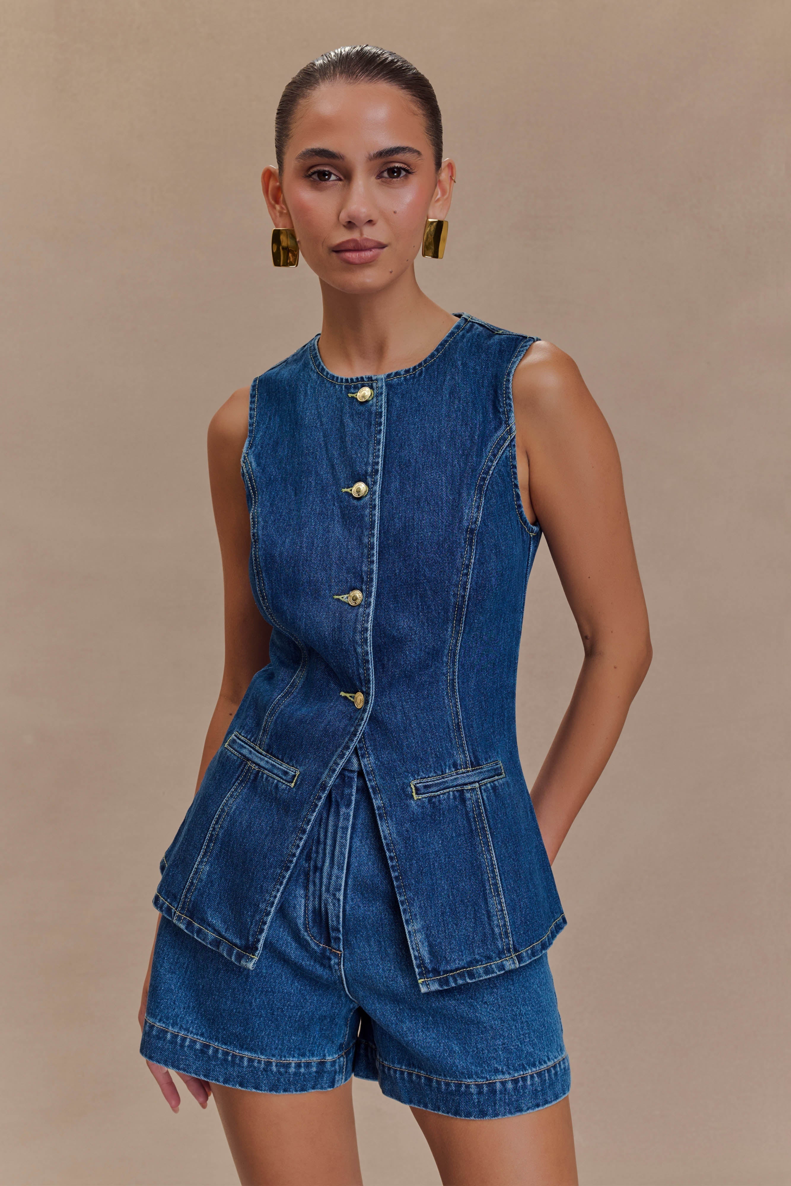 Abel Denim Button Up Top - Dark Blue