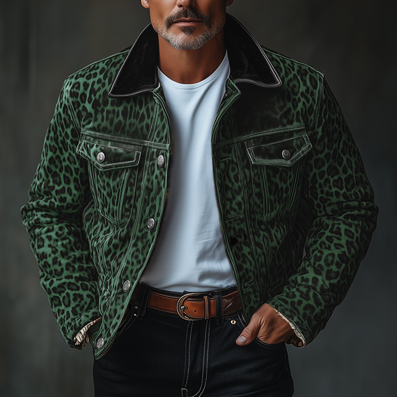 Raul Leopard Print Suede Lapel Cargo Jacket