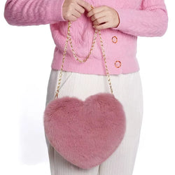 Faux Fur Heart Crossbody Bag, Cute Fluffy Chain Shoulder Purse for Women