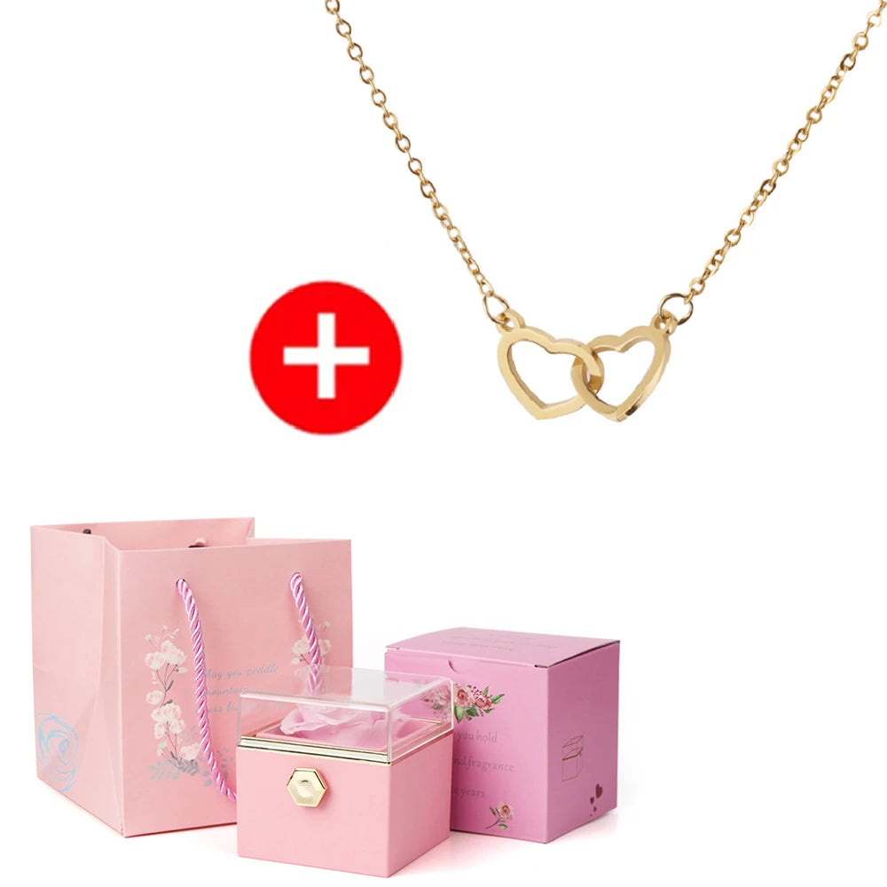 Valentine's Day Gift  Double Heart/ Engraved Name Steel Necklace Eternal Rose Box