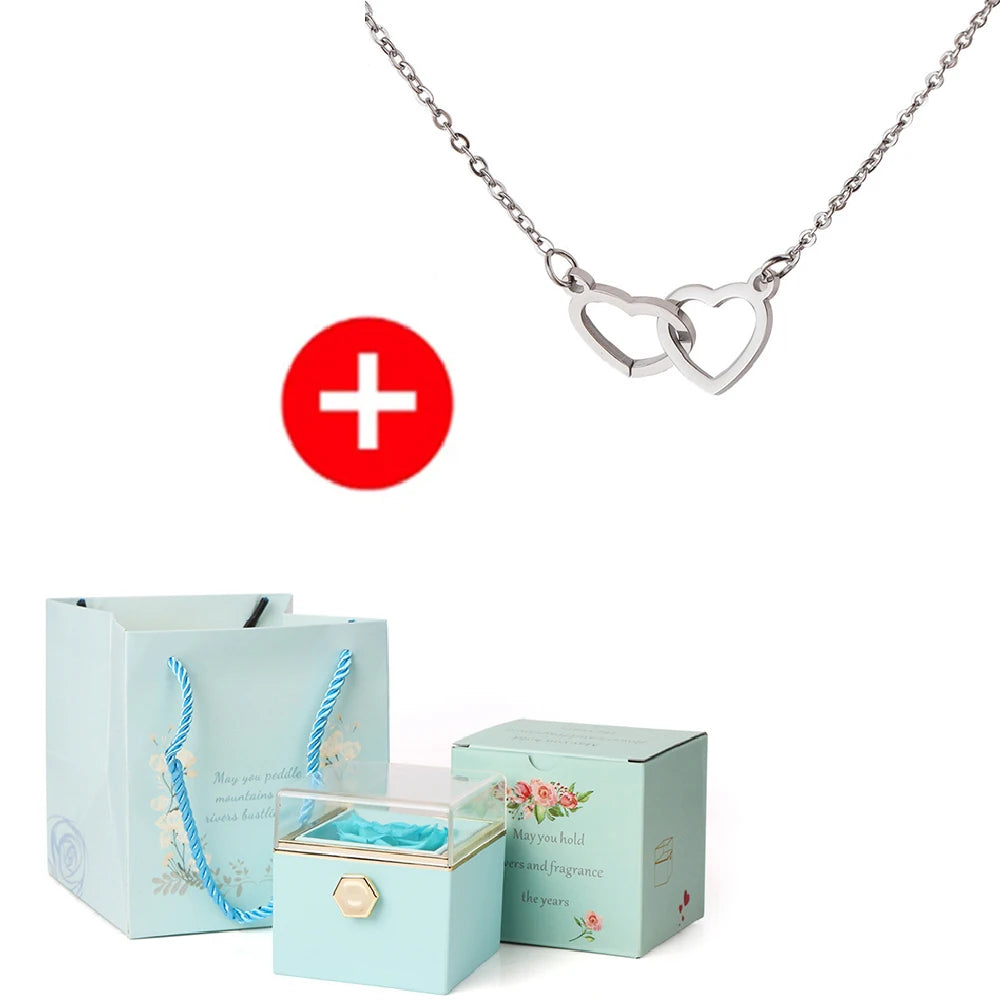 Valentine's Day Gift  Double Heart/ Engraved Name Steel Necklace Eternal Rose Box