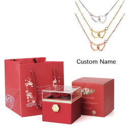 Valentine's Day Gift  Double Heart/ Engraved Name Steel Necklace Eternal Rose Box