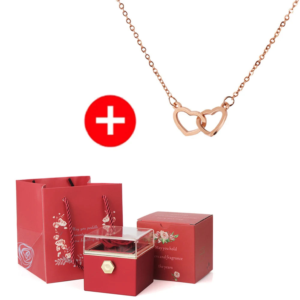 Valentine's Day Gift  Double Heart/ Engraved Name Steel Necklace Eternal Rose Box