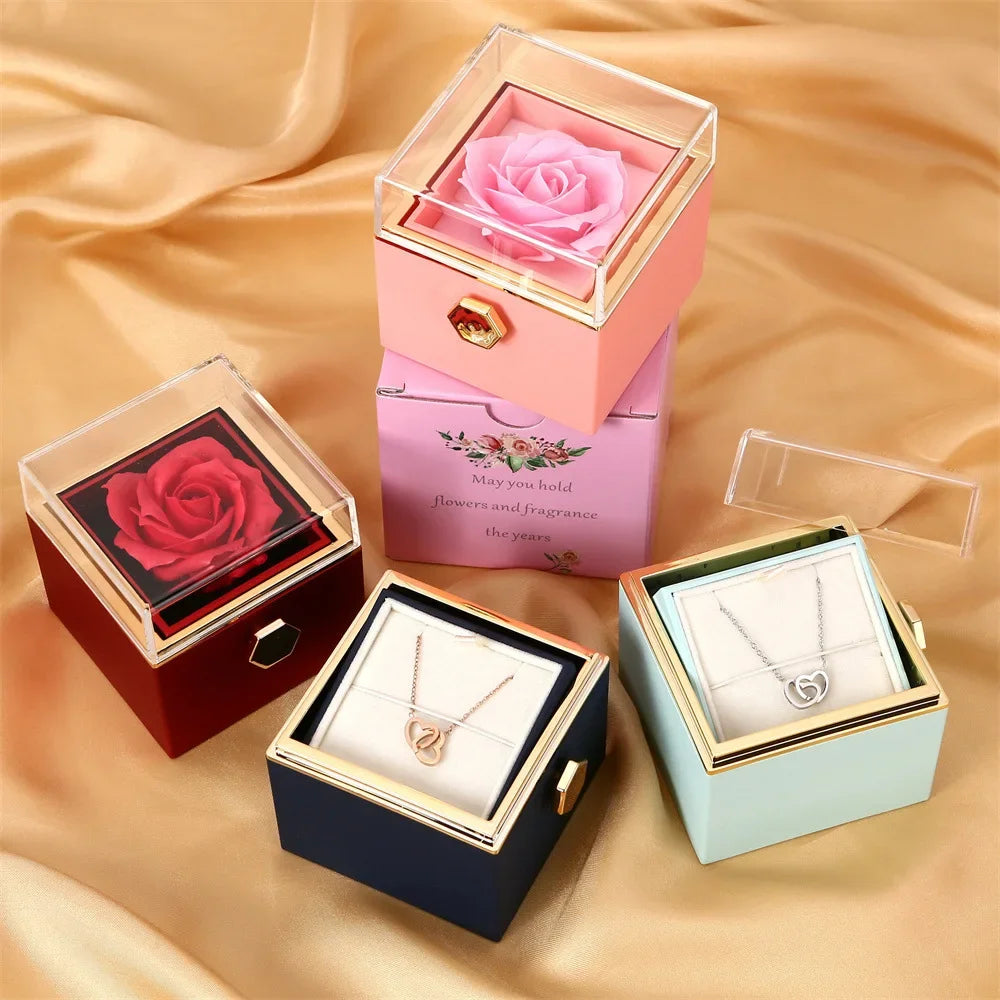 Valentine's Day Gift  Double Heart/ Engraved Name Steel Necklace Eternal Rose Box