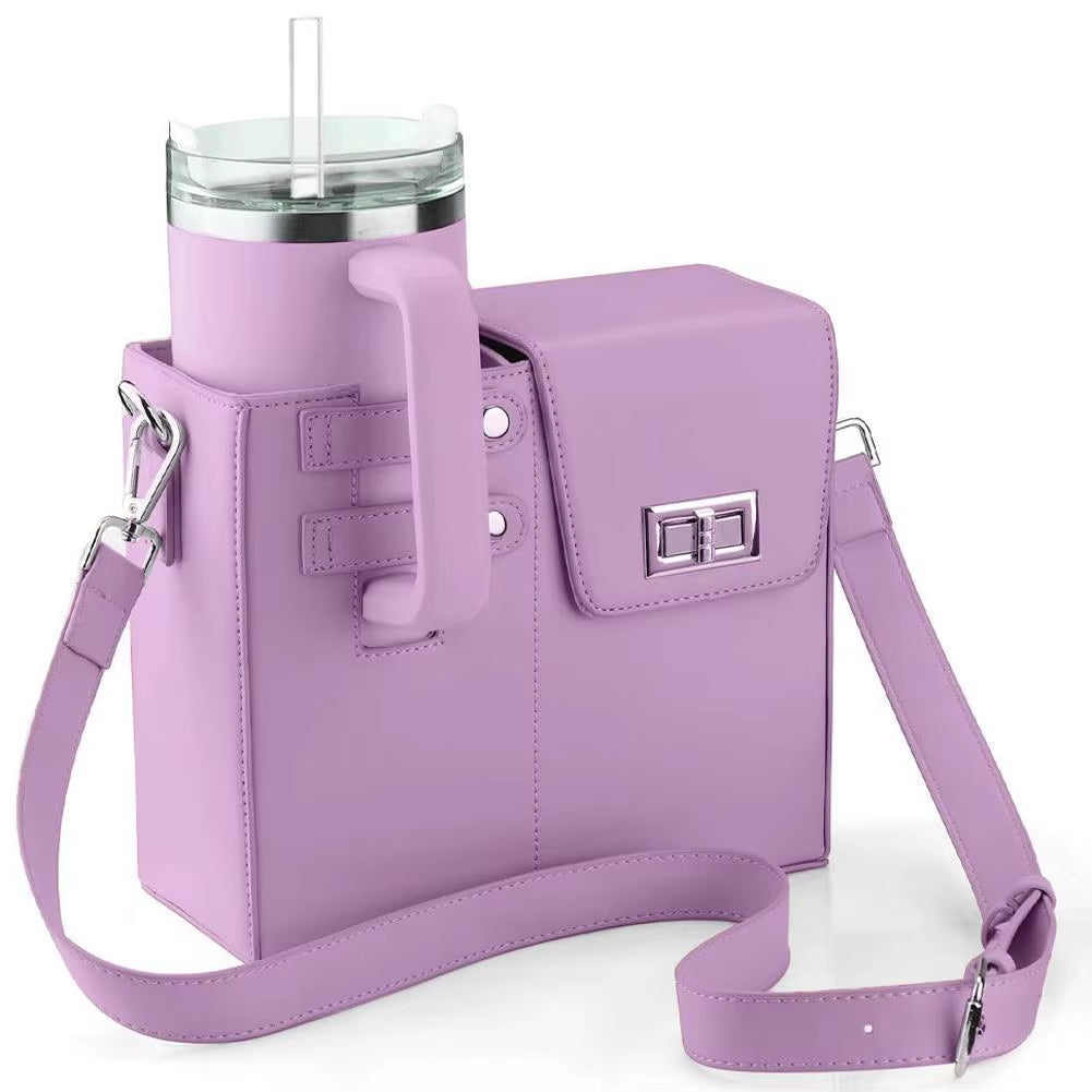 Portable Outdoor Crossbody Water Bottle Carrier, Adjustable Strap PU Leather Bag