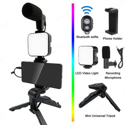 Phone Holder Photography Kit, LED Lighting, Microphone, Tripod & Stabilizer for Videos