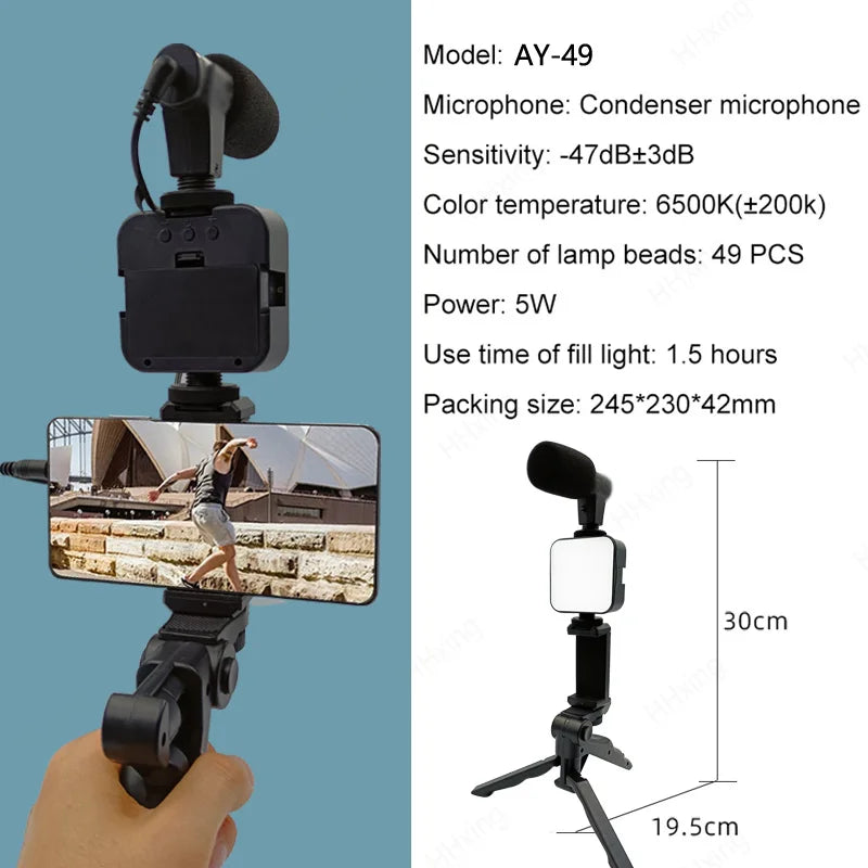 Phone Holder Photography Kit, LED Lighting, Microphone, Tripod & Stabilizer for Videos